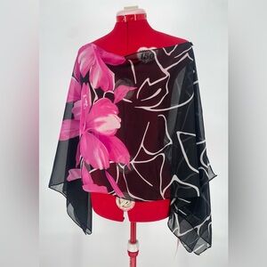 Y2K NWT Tropical Floral Sheer Chiffon Shawl Poncho Hawaiian Scarf W/ Buttons